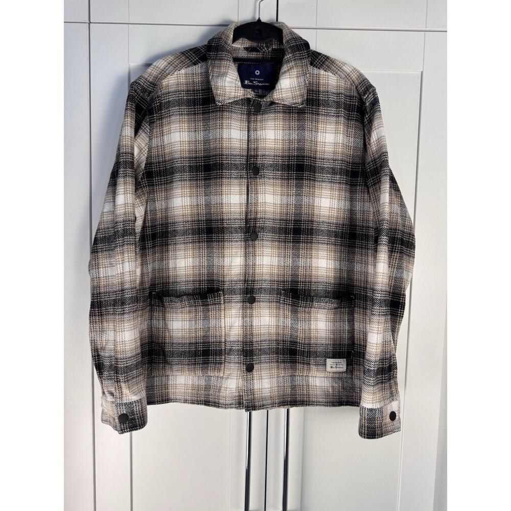 Ben Sherman Men's Plaid Flannel Shirt Jacket Shacket Brown Black Snap Size L